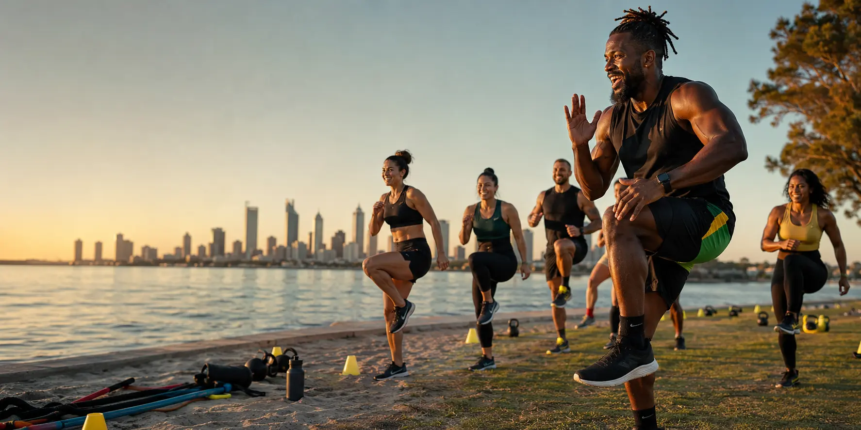 A coach leading an energetic outdoor bootcamp beside the South Perth waterfront